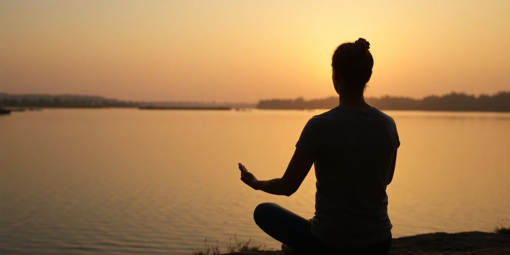 Person meditating by calm water at sunset.