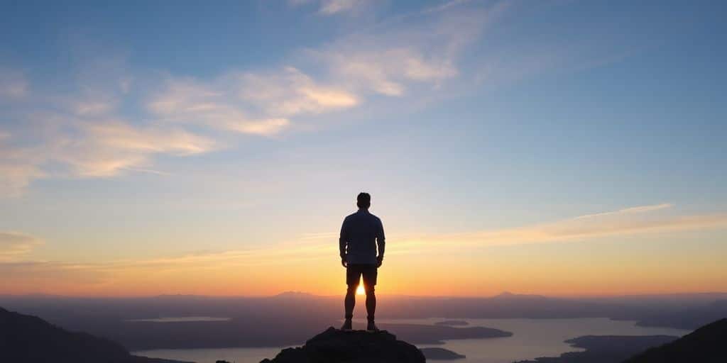Person gazing at calm lake, mountains, sunrise.