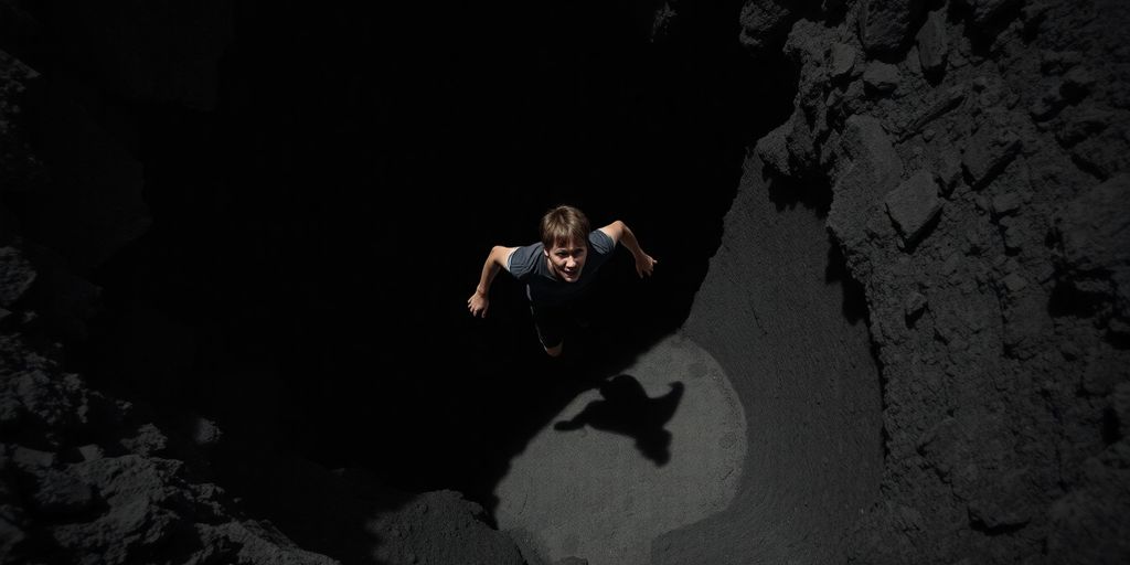 Person falling into a deep, dark pit.
