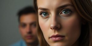 Person concentrating intently on a distant point.