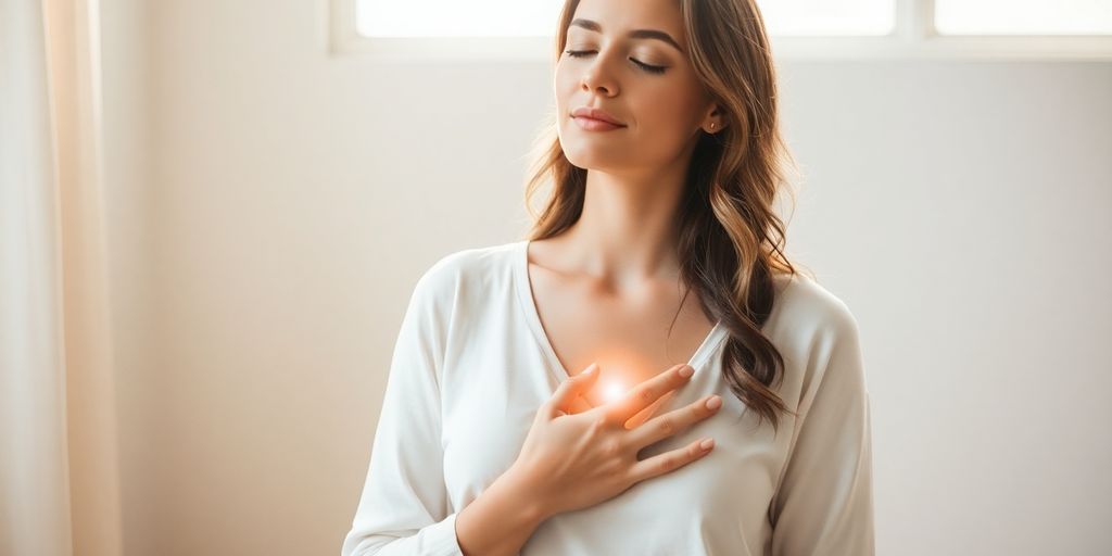 Woman trusts intuition, thoughtful gaze.