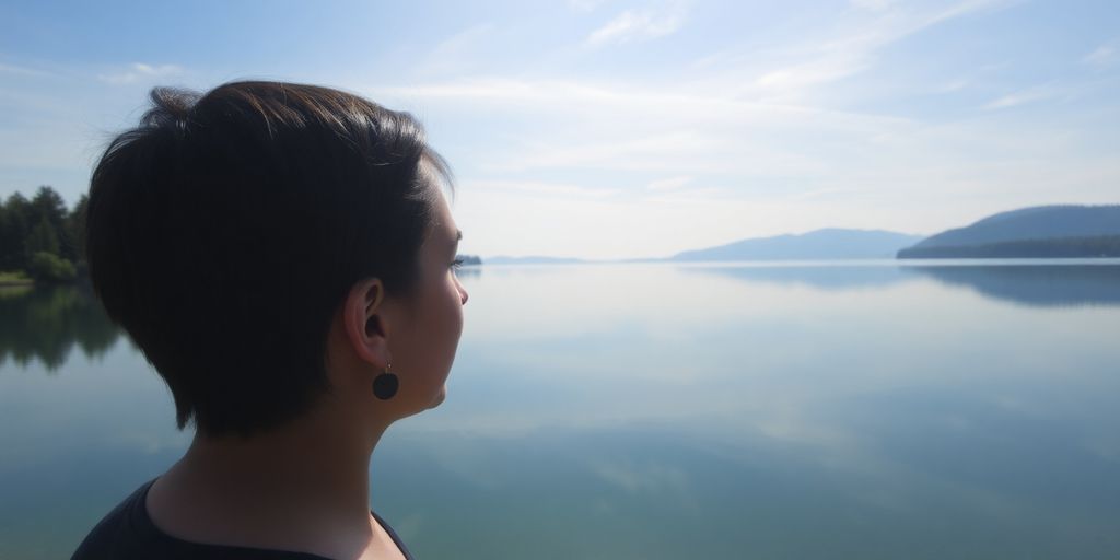 Woman looking at her reflection in a calm lake.