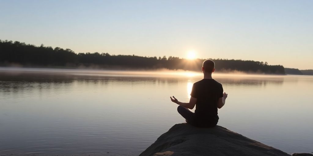 Person meditating by a calm lake at sunrise