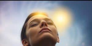 Person visualizing bright light, successful future