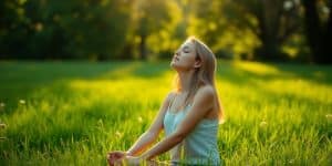 Woman meditating in a serene, sunlit natural setting.