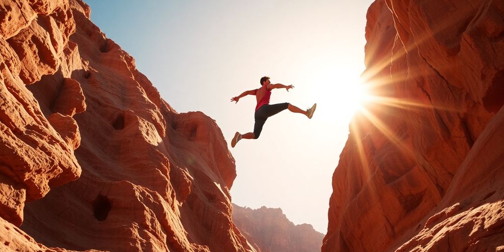 Person leaping canyon, sunlit, vibrant, action, success.