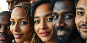 Diverse faces, interwoven, with light and shadow.