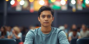 Person meditating amidst chaotic, blurry background