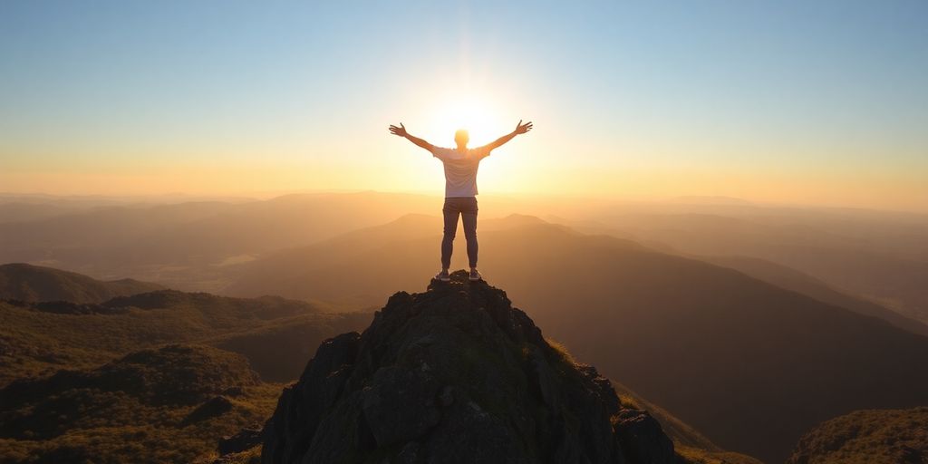 Person reaching a mountain peak.