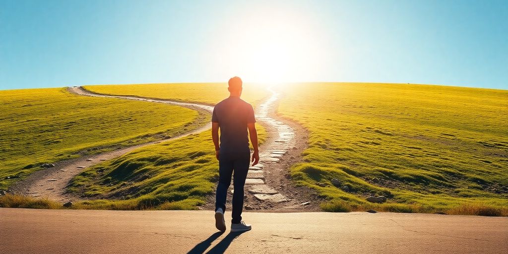 Person stepping from shadow into bright path.