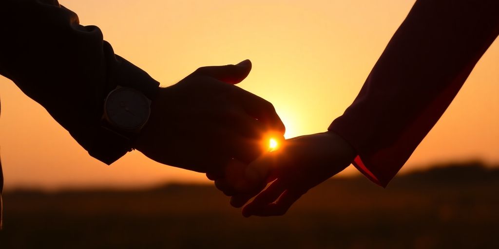 Couple holding hands, looking at a shared horizon.