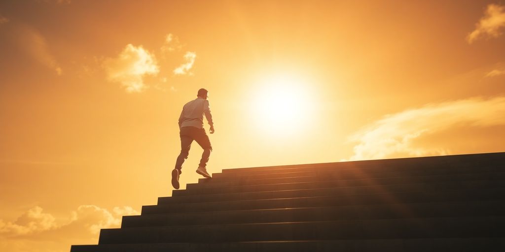 Person climbing stairs towards a bright horizon.