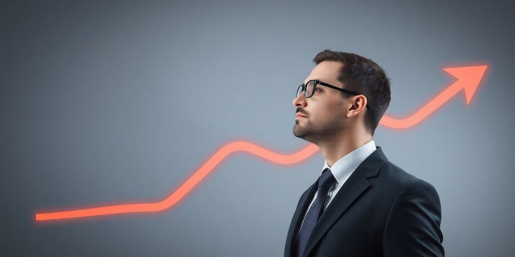 Business person looking at an upward-trending arrow.