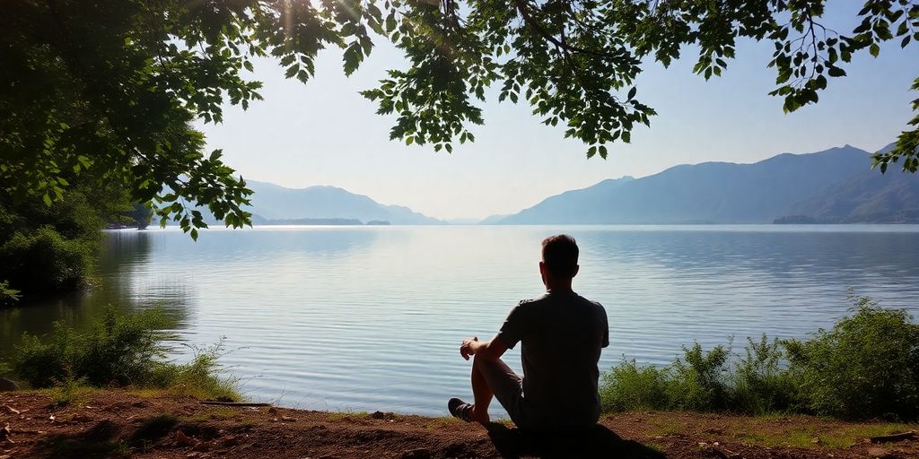 Person looking thoughtfully at a serene natural landscape.