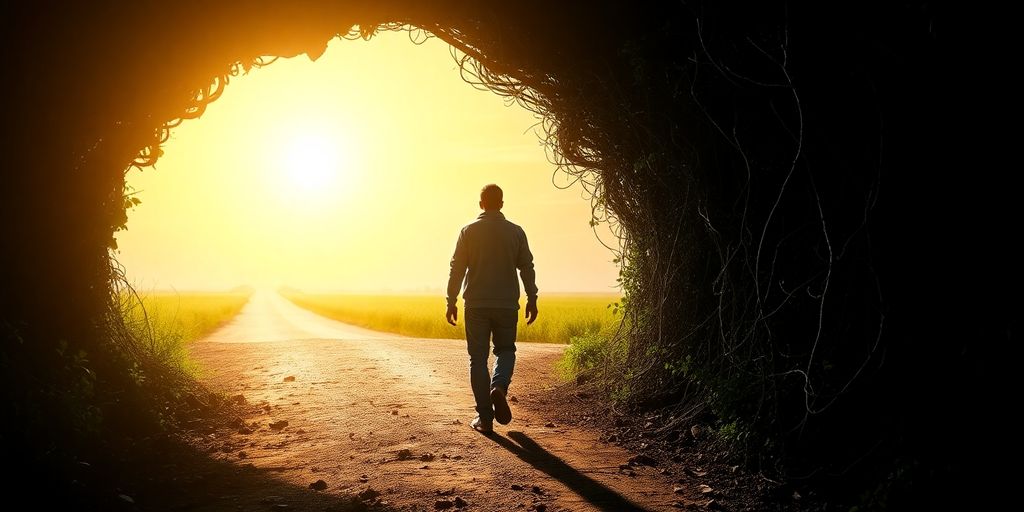 Path diverging from a dark past to a bright future.