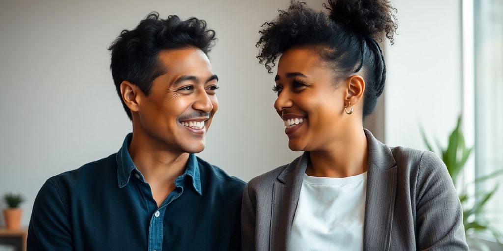 Two people connecting with warm expressions.