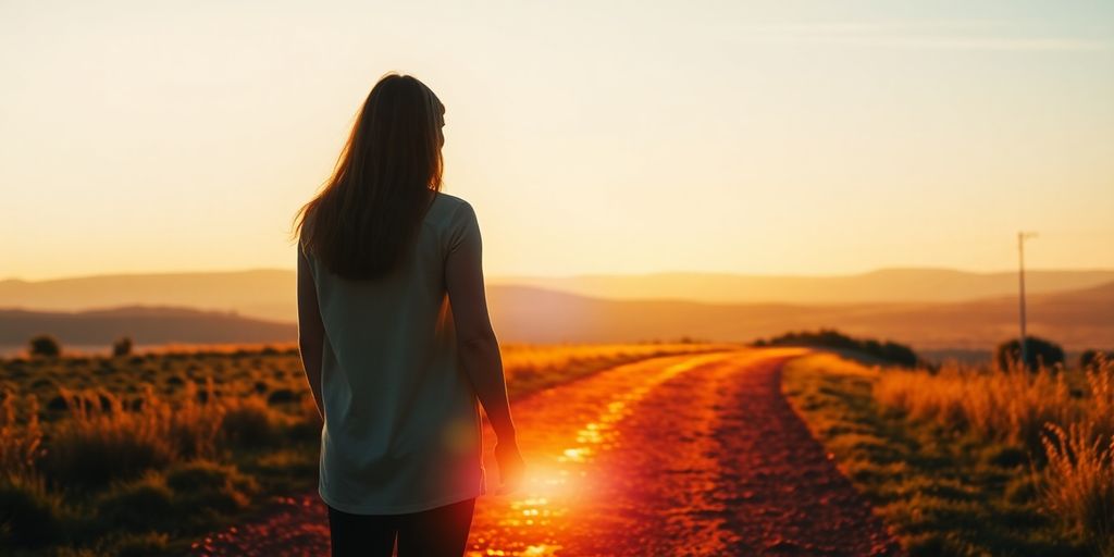 Person following a glowing path in nature.