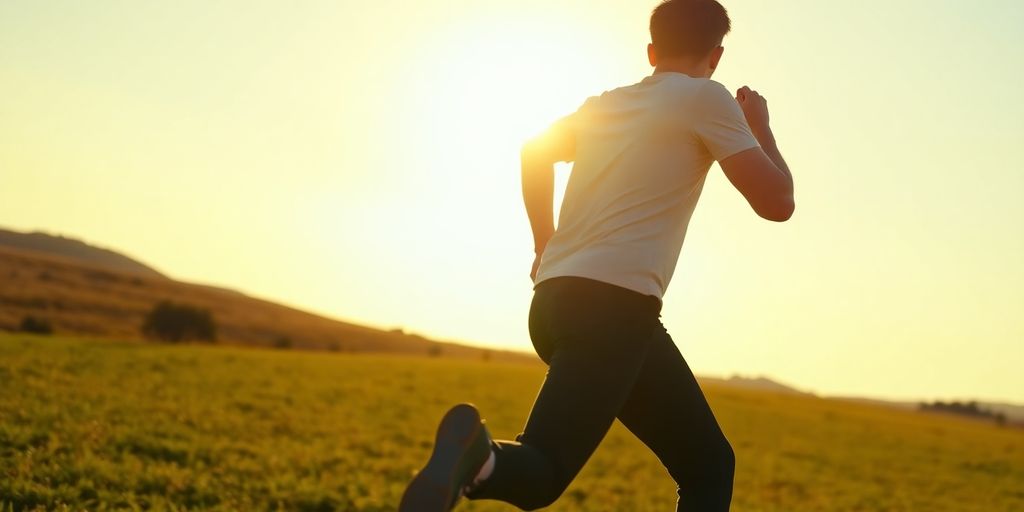 Person leaping forward into a bright, sunny horizon.