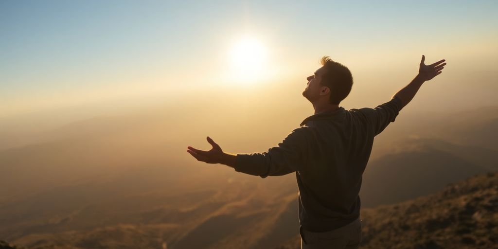 Man embracing freedom on mountaintop under golden sunlight.