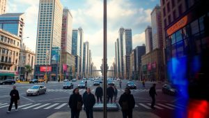 City split by mirror between reality and illusion worlds.