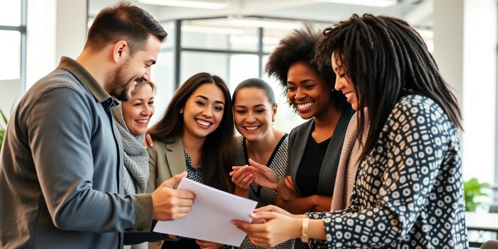 Team members collaborating and smiling in an office.