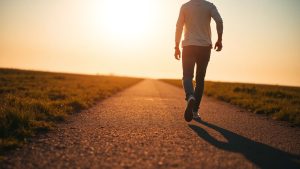 Person walking confidently on a path towards a bright future.