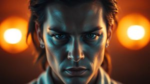 Person focused, bathed in golden light, sharp gaze forward.