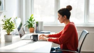 Focused person working at a clean, sunlit desk with a plant.